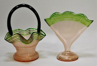 2 Kralik Threaded Bohemian Art Glass Vases
