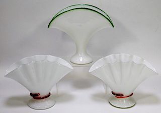 3 Kralik White Bohemian Snake Art Glass Vases