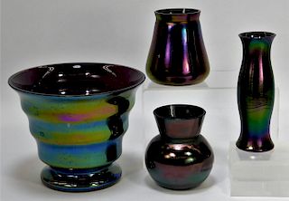 4 Kralik Oil Spill Bohemian Art Glass Vases