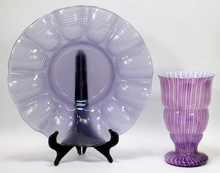 2 Purple Bohemian Art Glass Vase and Plate Group