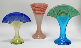 3 Kralik Threaded Bohemian Art Glass Vases