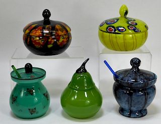 5 Various Bohemian Art Glass Covered Bowls