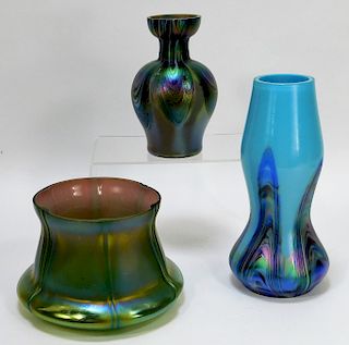 3 Iridescent Bohemian Czech Art Glass Vases