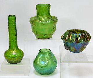 4 Various Green Bohemian Czech Art Glass Vases