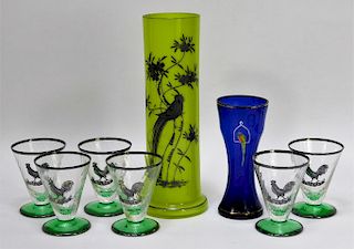 7PC Enameled Bird Bohemian Art Glasses and Vase