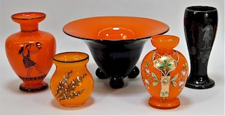 5 Orange and Black Enameled Bohemian Art Glass