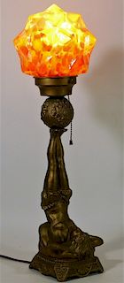 Spelter Art Deco Bohemian Czech Glass Dancer Lamp
