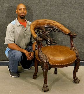 Continental Carved Gargoyle Wood Library Arm Chair