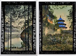 Pair 20C Japanese Landscape Enhanced Photographs