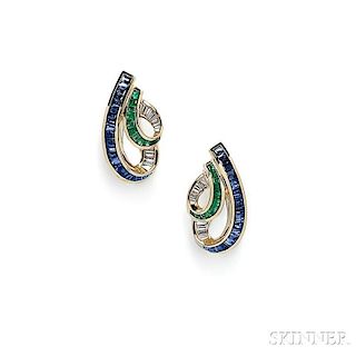 18kt Gold, Sapphire, Emerald, and Diamond Earclips, Charles Krypell