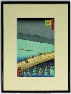 Utagawa Hiroshige Rain Bridge Woodblock Print