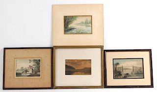 Three Landscape Prints and a Watercolor