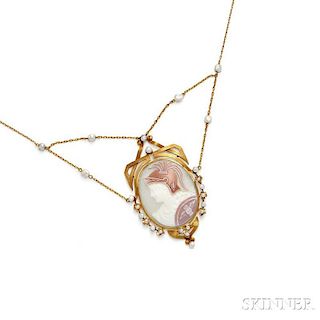 Art Nouveau 14kt Gold, Shell Cameo, and Baroque Freshwater Pearl Necklace