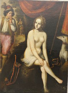 Old Master, Diana the Huntress Bathing with Actaeon and dog in the background, Fontainebleau School, oil on canvas, relined. 62" x 45 3/4". 