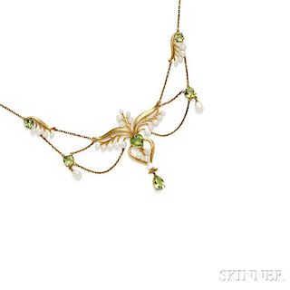 Art Nouveau 14kt Gold, Peridot, and Freshwater Pearl Necklace