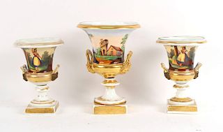 Three Porcelain Handpainted Footed Urns, 20thC.