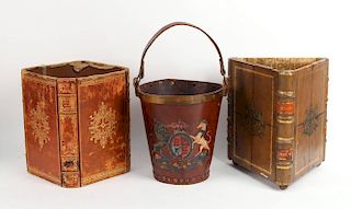 Two Leather Book Form Waste Cans, 20thC.