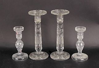 Two Pairs of Colorless Cut Crystal Candlesticks