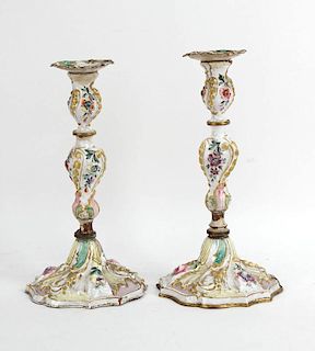 Pair of Enamel Floral Decorated Candlesticks
