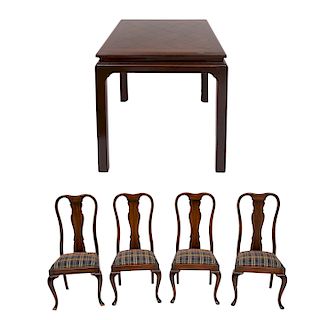 Lote mixto de muebles. Siglo XX. Elaborado en madera tallada. Consta de: a) Juego de sillas y mesa. Piezas: 5