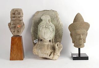 Three Cast Cement Thai Busts, 20thC.