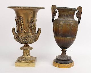 Two Neoclassical Gilt Patinated Metal Urns, 20thC.
