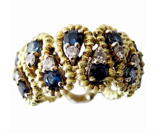Gold Lattice Blue Sapphire Diamond Modernist Cocktail Ring