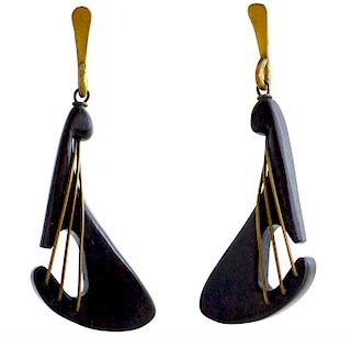 Early American Modernist Exotic Wood Brass Lute Earrings
