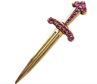 1950s Paul Lackritz Rose Gold Ruby Sword Pin with Original Box