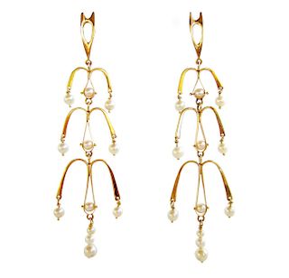 Ed Wiener Gold Pearl Kinetic American Modernist Chandelier Earrings