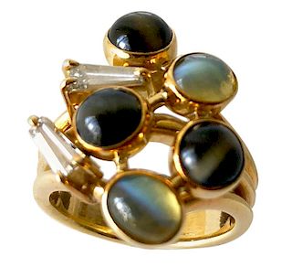 1970s Gold Diamond with Cats Eye Natural Gemstones Dinner Cocktail Ring