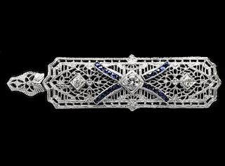 Art Deco 14K Gold Diamonds Sapphire Pendant Brooch