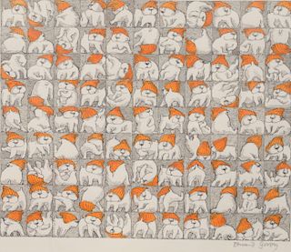 Edward Gorey (1925 - 2000), "99 Puppies Wearing Orange Knitted Caps", ink and watercolor, Graham Gallery label on back, exhibited April 23 - May 18 19