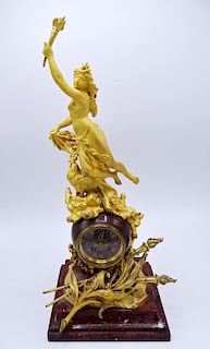 FRENCH DORE BRONZE FIGURAL CLOCK ON ROUGE MARBLE BASE  