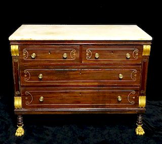 19TH C. ENGLISH INLAID MARBLE TOP CHEST WITH GILT CLAW FEET 