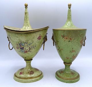 2 FRENCH TOLE COVERED URNS 