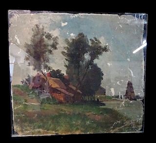 19TH C. OIL ON CANVAS LANDSCAPE HOUSE & BOATS 