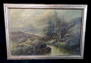 19TH C. OIL ON CANVAS LANDSCAPE WITH SHEEP 