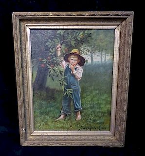 19TH C. JAMES ROBERTSON SGN. OIL ON CANVAS YOUNG BOY PICKING APPLES 