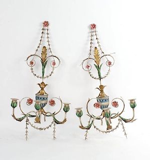 Pair of Neoclassical Wrought Iron Polychrome Wall Sconce, 20thC.