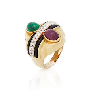 18k Emerald, Ruby and Diamond Ring 