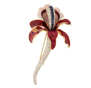Diamond and Sapphire 18k Orchid Brooch 