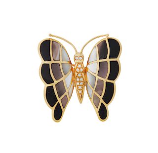 18k Diamond, Onyx and Mother of Pearl Butterfly Brooch 