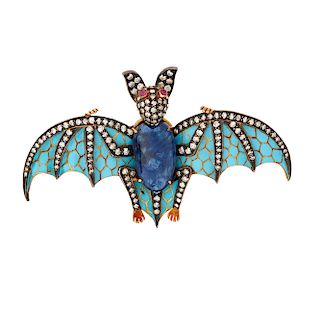 Plique-a-Jour Diamond Ruby and Sapphire Bat Brooch 