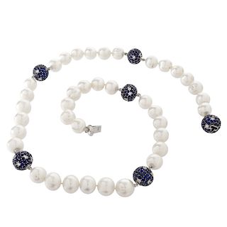 Sapphire, Diamond, Pearl and 18K Necklace