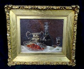 19TH C. OIL ON CANVAS STILL LIFE WITH DECANTER & STRAWBERRIES 