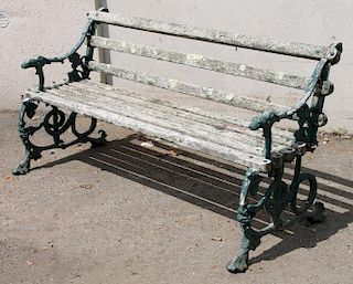 Green-Painted Wrought-Iron and Wood Garden Bench