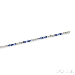 Two Art Deco White Gold, Synthetic Sapphire, and Diamond Line Bracelets