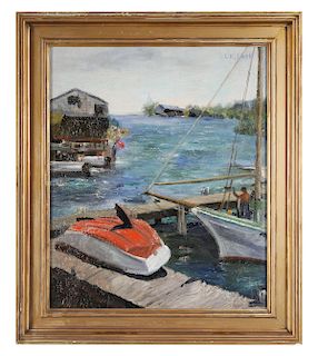 LAURA E. LOCK, Oil on Canvas Board, Sailboat Dock