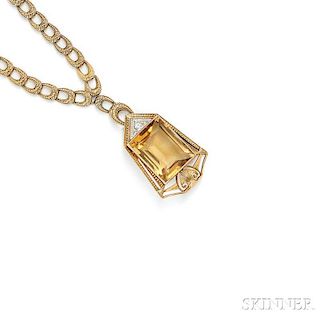 Art Deco 14kt Gold, Citrine, and Diamond Necklace, Allsopp & Allsopp
